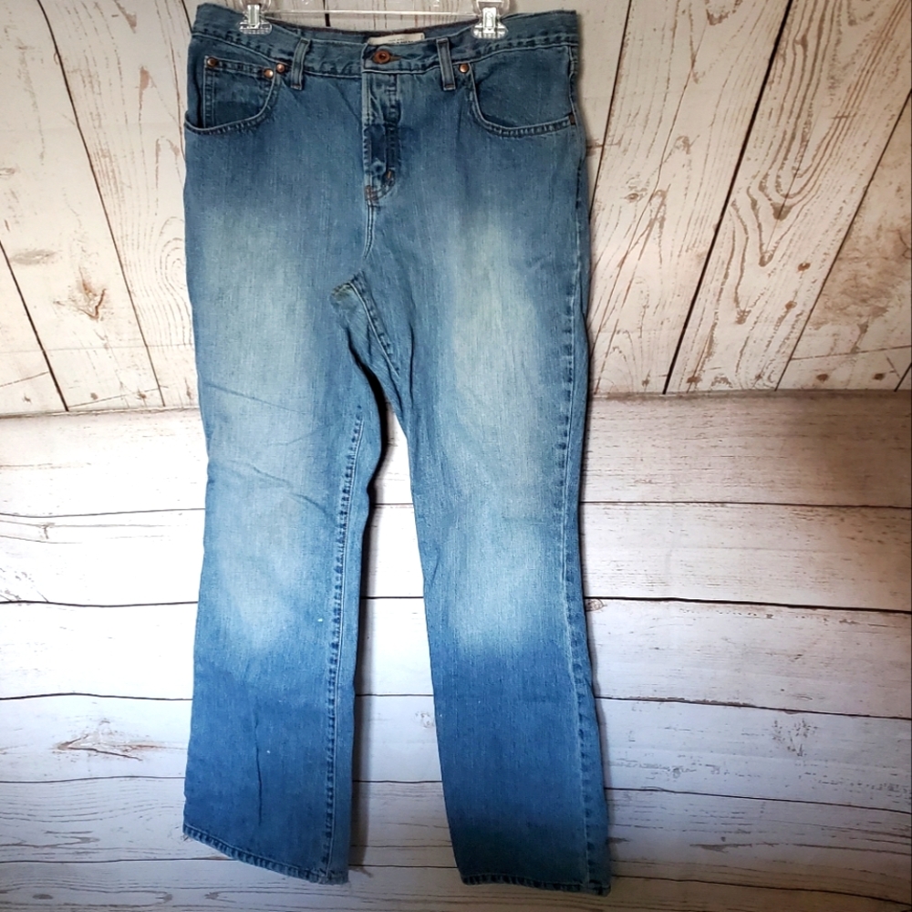Hydraulic high rise five pocket button fly acid wash blue jeans 13/14